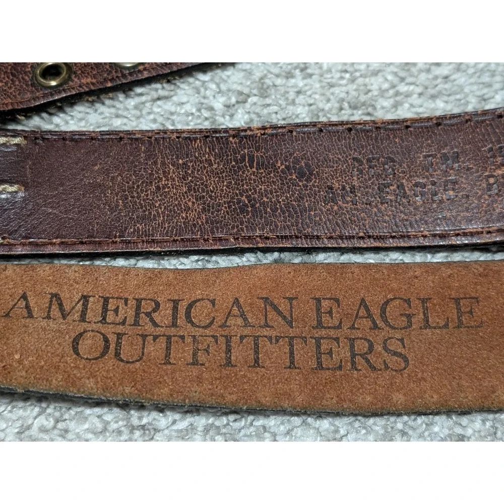 American Eagle Belt Mens XL Brown Leather Double Grommet Distressed Rugged Y2K